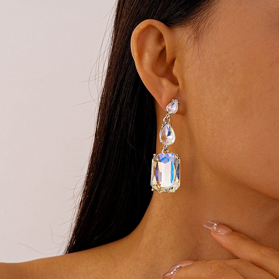 Wholesale Silver Needle Light Luxury Style Diamond Drop Geometric Square Earrings