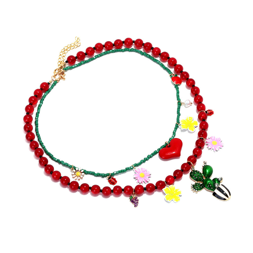 Wholesale  Creative Beaded Heart Cactus Pendant Necklace