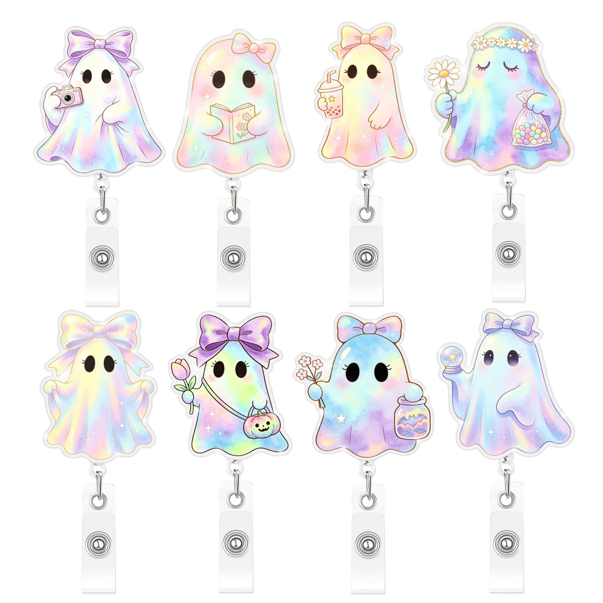 Wholesale Trendy Glitter Boo Ghost Retractable Badge Reel Plastic Car Key Accessory With Gradient Finish Decorative Party Gift