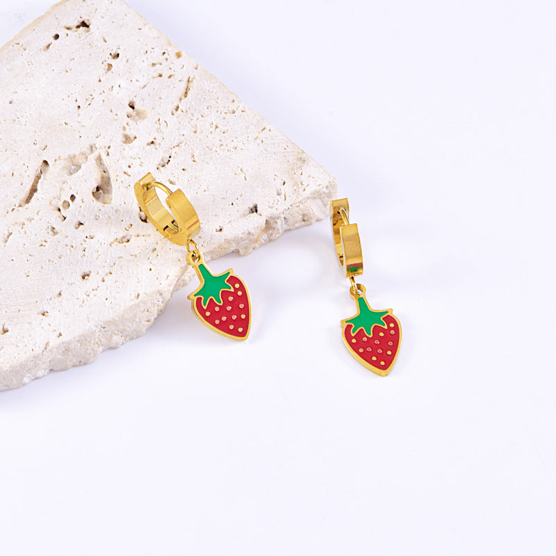 Wholesale  stainless steel color drop glue strawberry fruit earrings