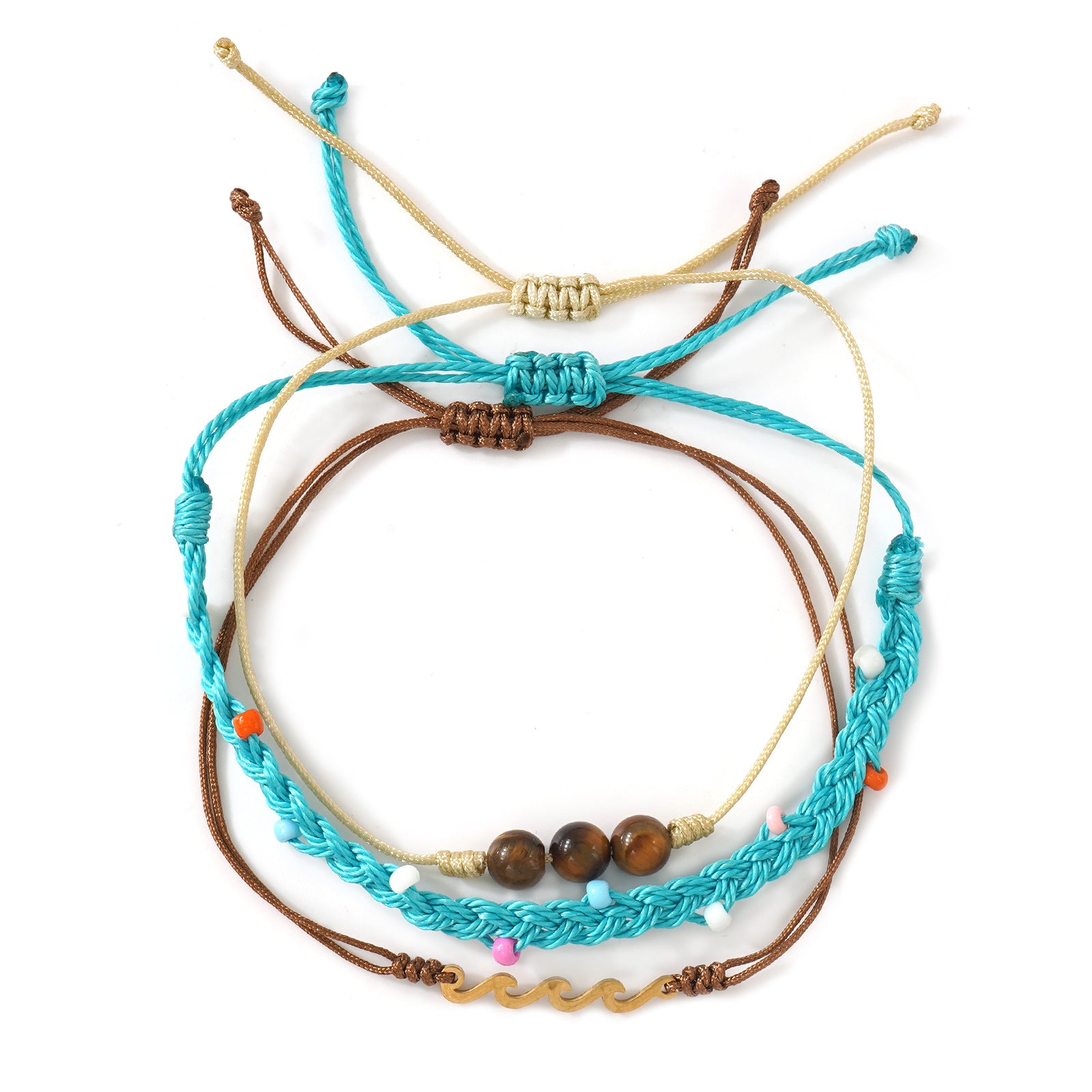 Wholesale Chic Handmade Woven Tiger Eye Stone Layered Bracelet Stainless Steel Wave Charm Blue Summer Beach Jewelry Accessory
