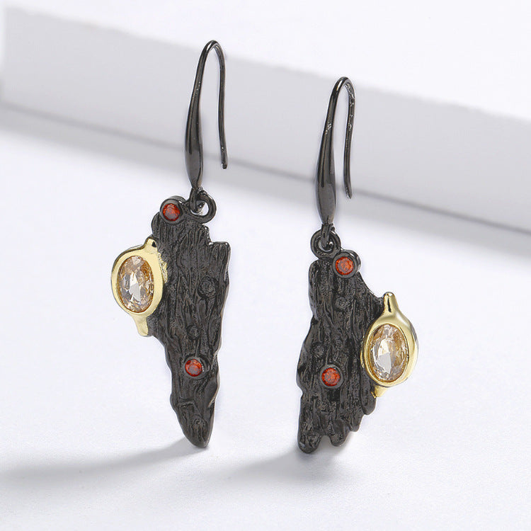 Wholesale  Retro Set Amber Zircon Ring Necklace Earrings Creative Black Gold Irregular Branch Jewelry Set