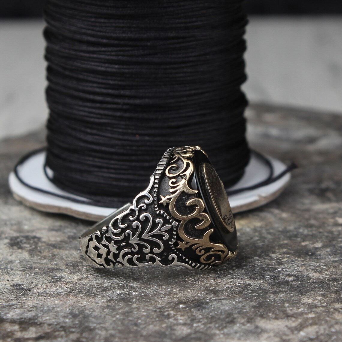 Wholesale Black Zircon Retro Ring Two-Color Men' s Ring