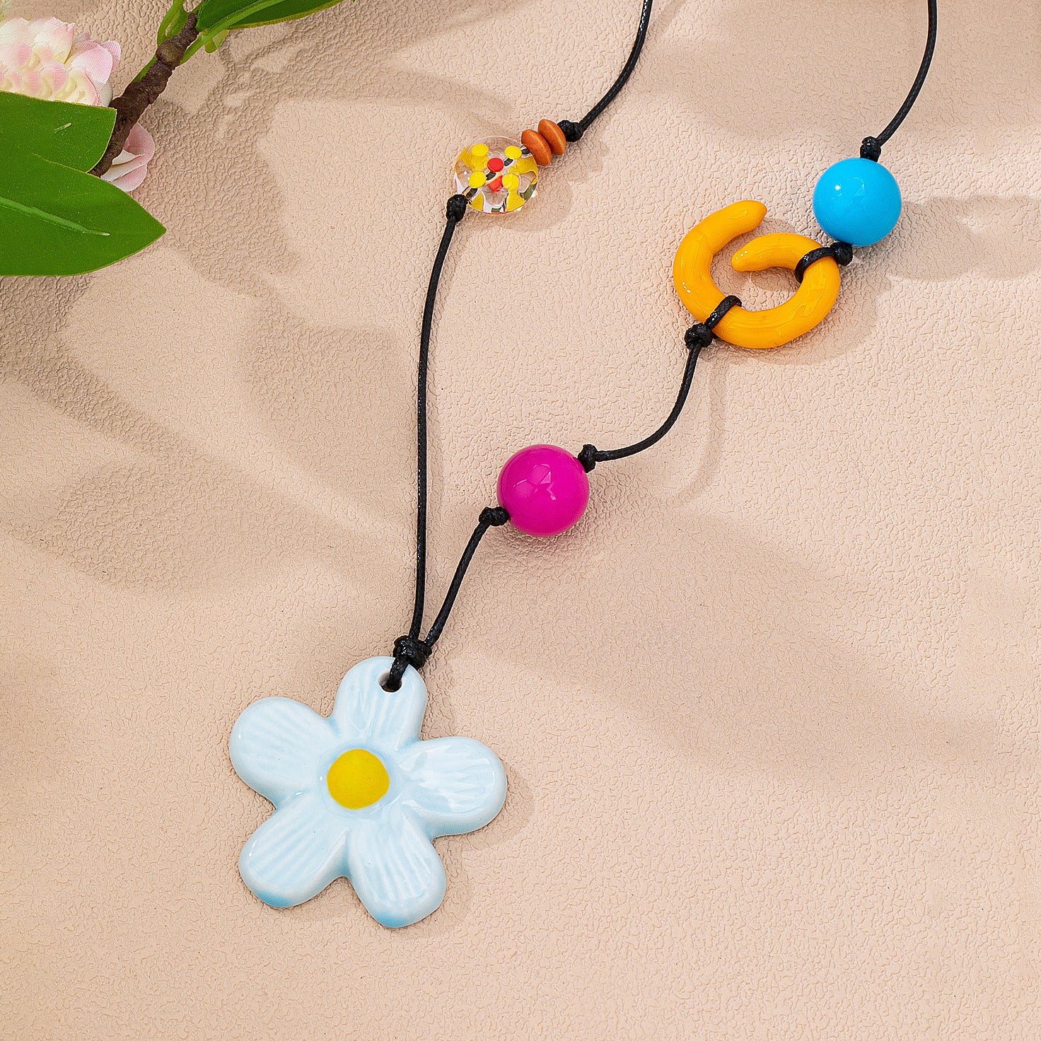 Wholesale Trendy Long Colorful Beaded Layering Necklace With Fresh Flower Pendant For Women Jewelry Accessory