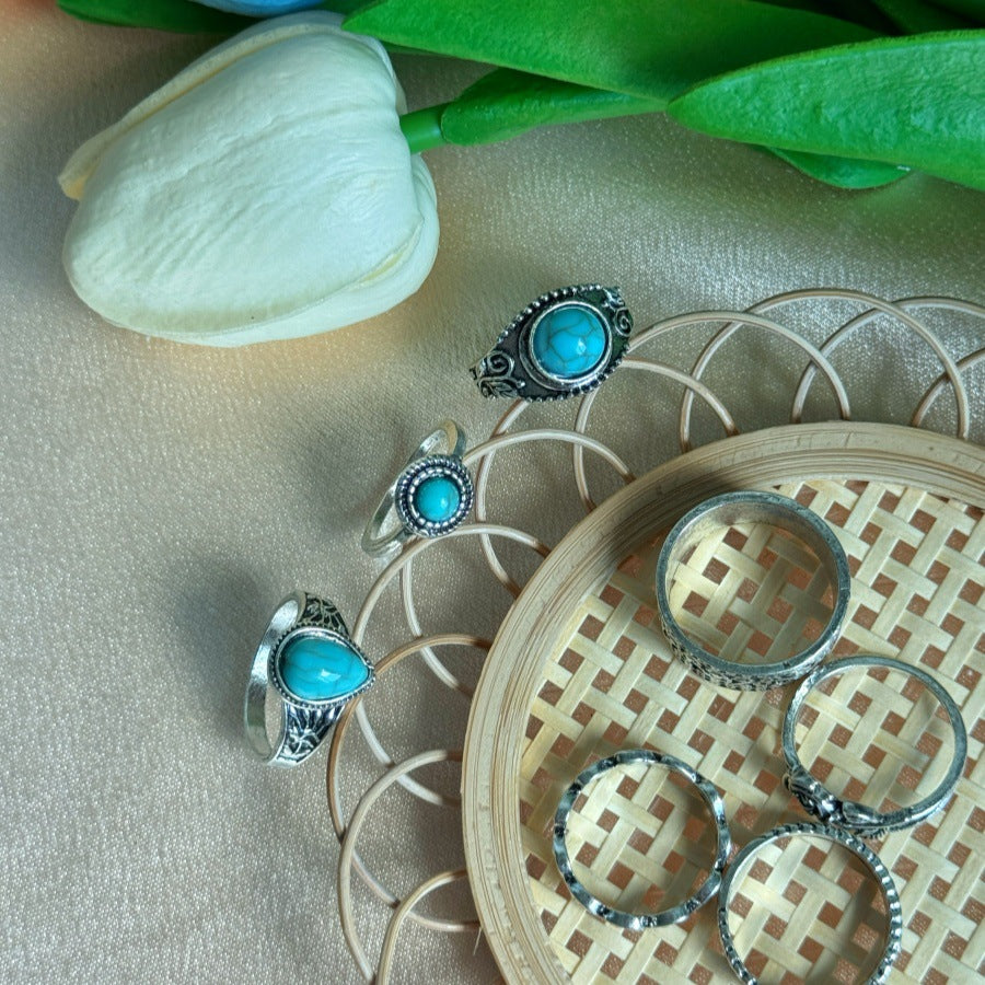 Wholesale Bohemian Turquoise Rose Totem 7-piece Ring