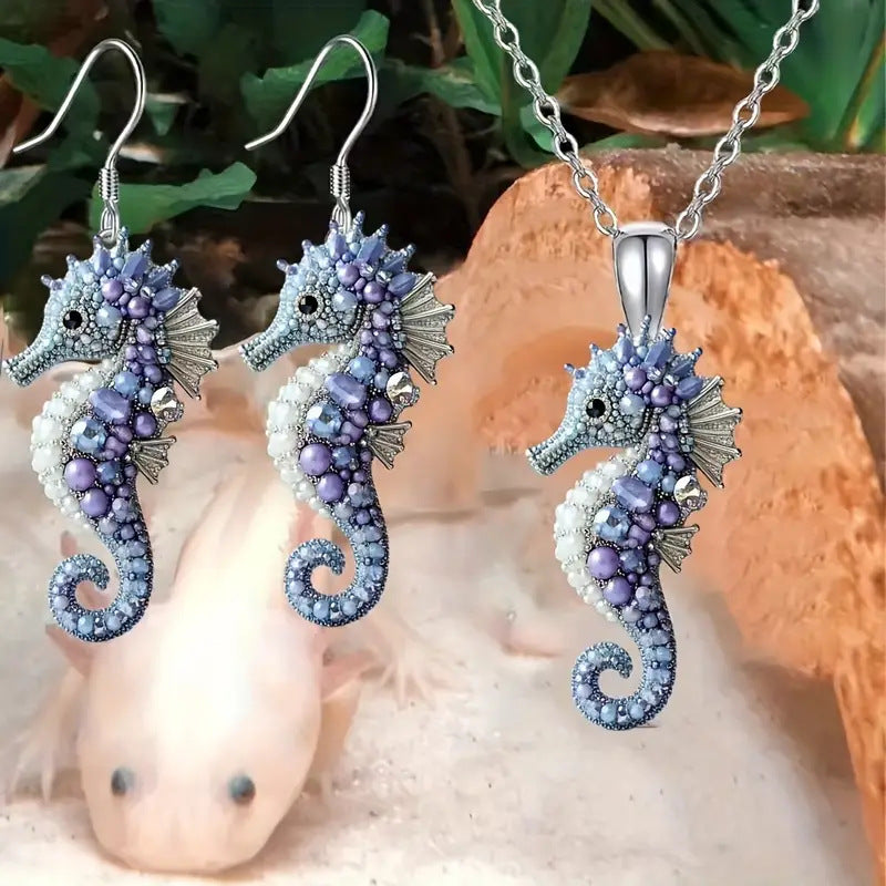 Wholesale marine series diamond seahorse pattern 2D acrylic suit earrings necklace