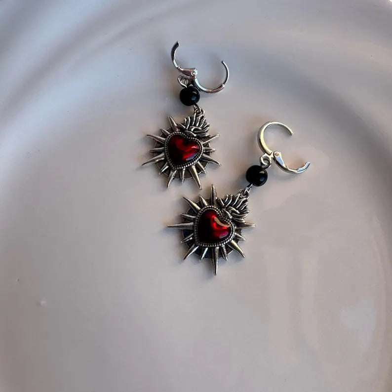 Wholesale Dark Gothic Red Heart Pendant Earrings Zinc Alloy Boutique Resale