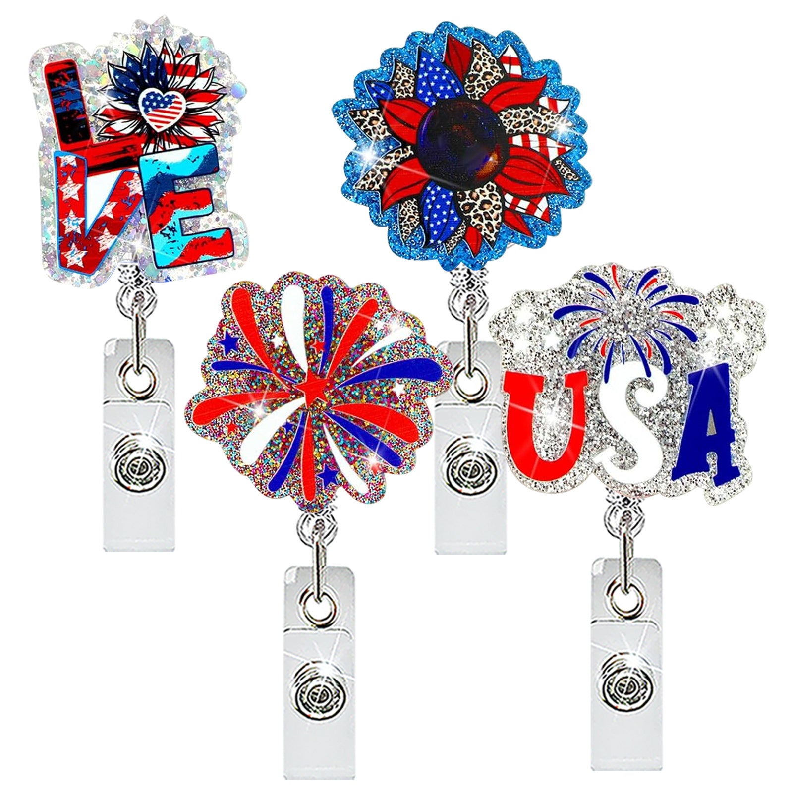 Wholesale Chic Patriotic Fireworks Acrylic Retractable Badge Holder Rotating ID Clip for Office and Gift