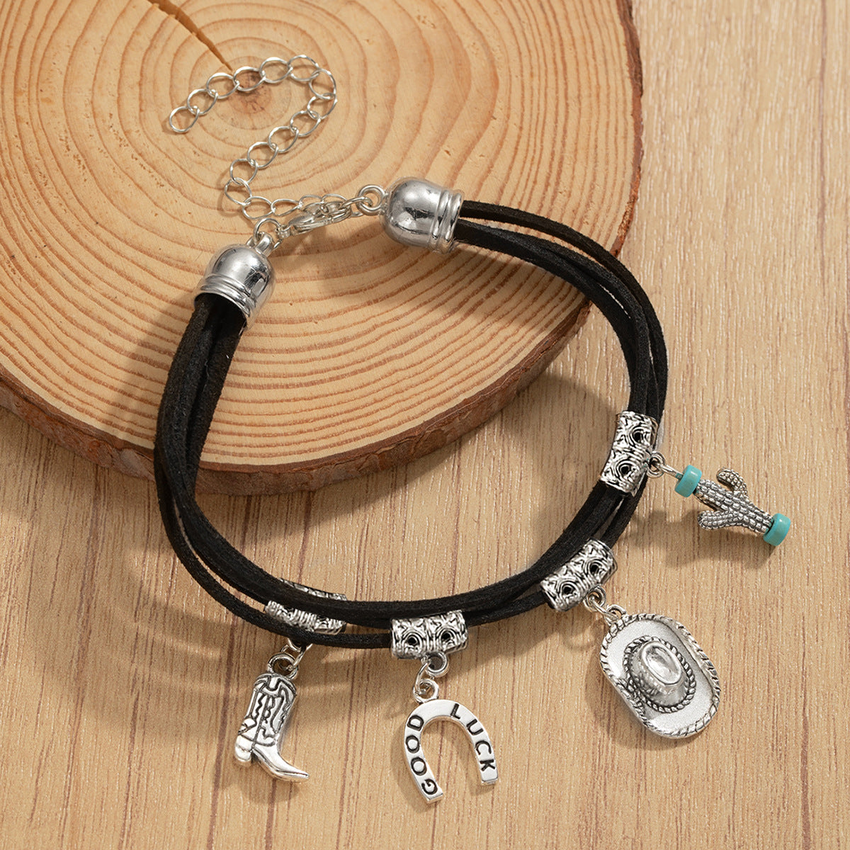 Wholesale Retro  Alloy Cowboy Hat Cowboy Boots Horseshoe Cactus Multi-layer Fleece Bracelet
