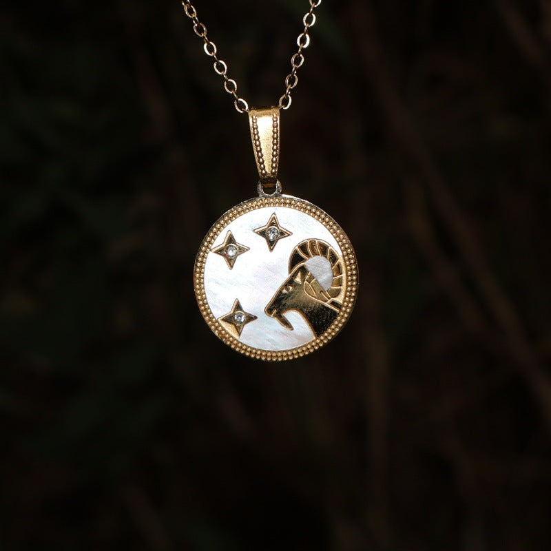 Wholesale Zodiac Diamond Round Shell Stainless Steel Pendant Necklace 18K Gold Plated