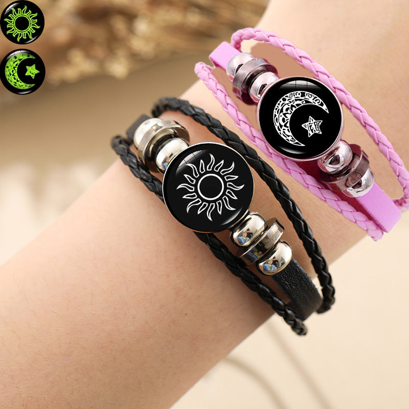Wholesale Retro luminous sun and moon lovers handmade multi-layer braided leather bracelet