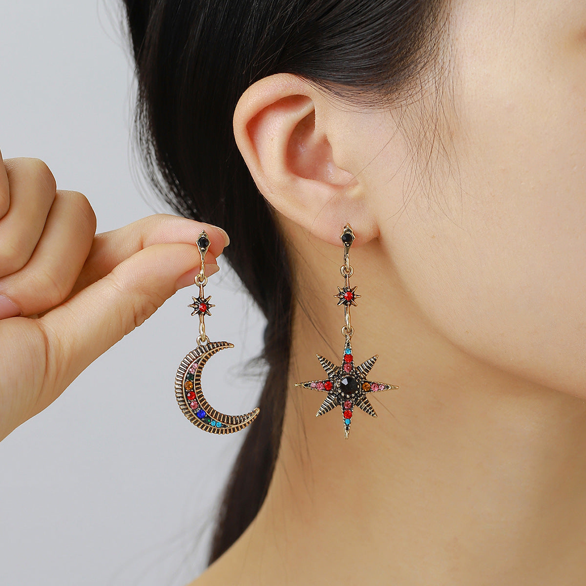 Wholesale Bohemian Asymmetric Earrings with Sun Moon Design,  Chic Jewelry Accessory for Everyday Wear