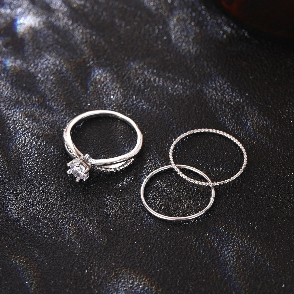 Wholesale  plain ring three-piece set copper inlaid shiny zircon ring