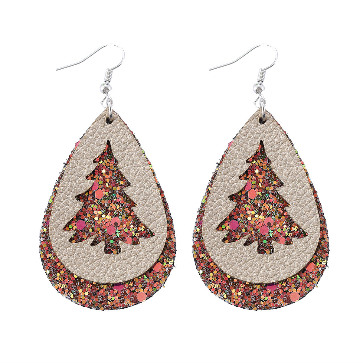 Wholesale Christmas hollow Christmas tree sequins PU water drop pendant earrings multi-layer leather earrings gift