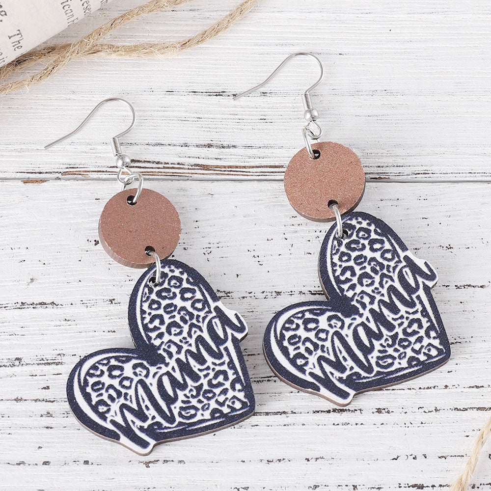 Wholesale Western-Style Mother' s Day Wooden Double-Sided Earrings — Leopard Print Heart &  Disc Patchwork Pendants