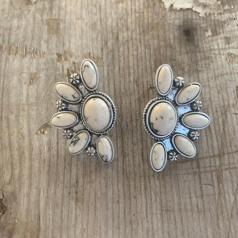 Wholesale  Bohemian style retro geometric flowers inlaid turquoise exaggerated earrings earrings