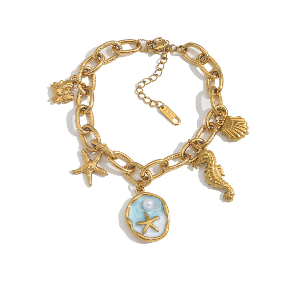 Wholesale Stainless Steel Vintage Ocean Themed Charm Bracelet with Starfish and Pearl - Fashion Accessory