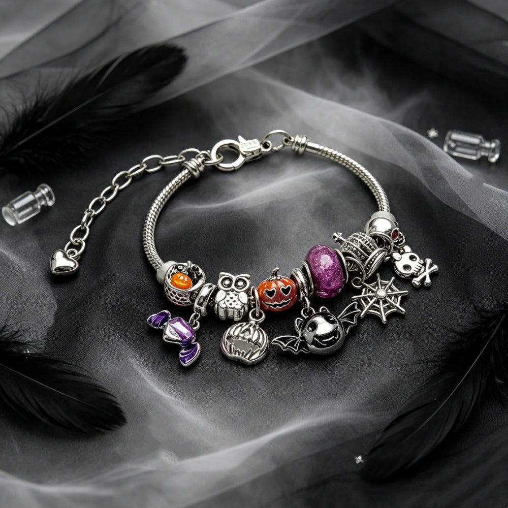 Wholesale Adjustable  Bead Bracelet With Pumpkin Bat Owl Skull Charms Vintage Zinc Alloy Unisex Jewelry Gift