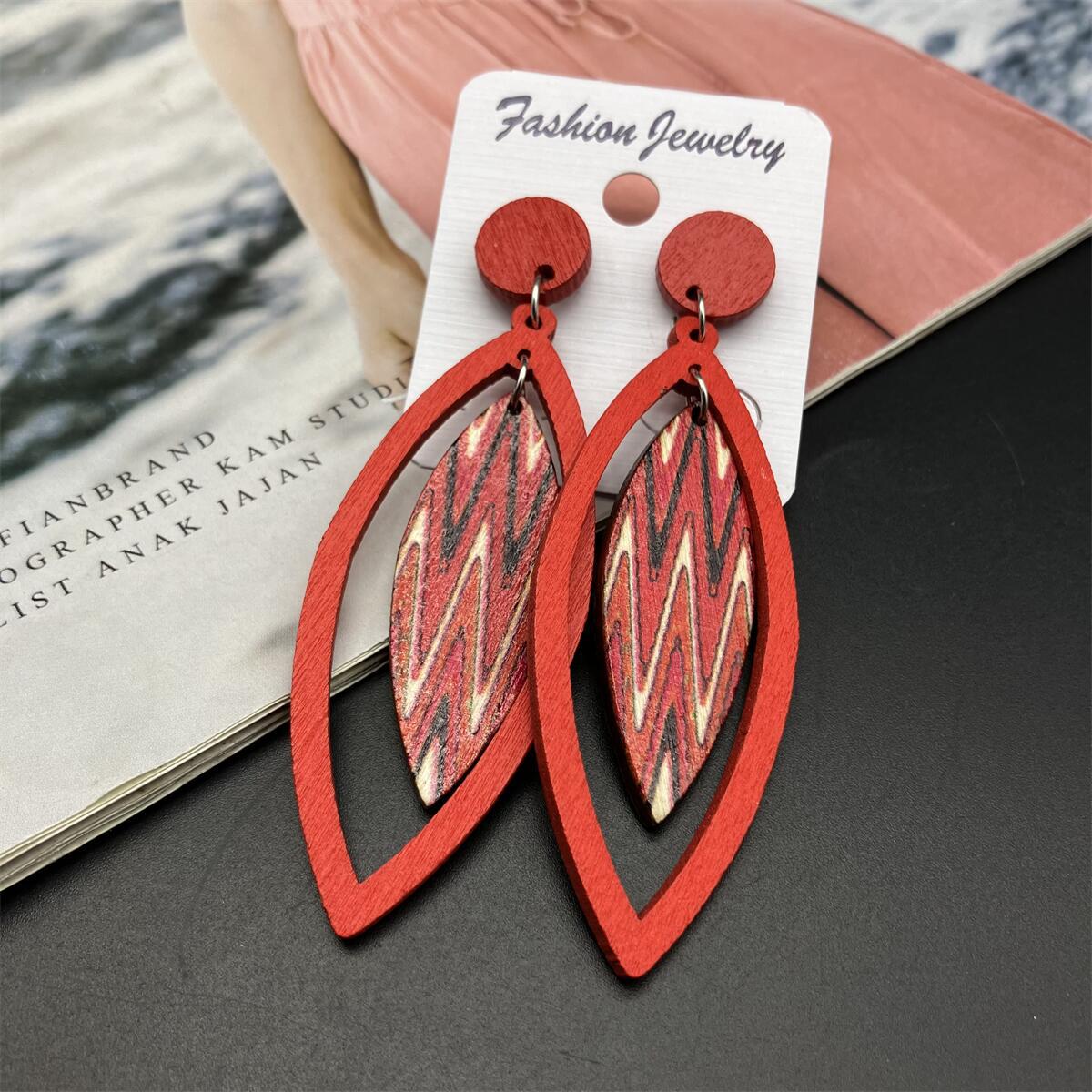 Wholesale Exaggerated Red Wood Leaf Vintage Earrings ACC-ES-FX067