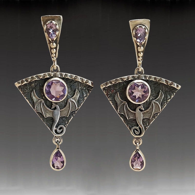 Wholesale Dragon Gothic Punk Metal Earrings Pink Stone Inlaid Pendant Jewelry
