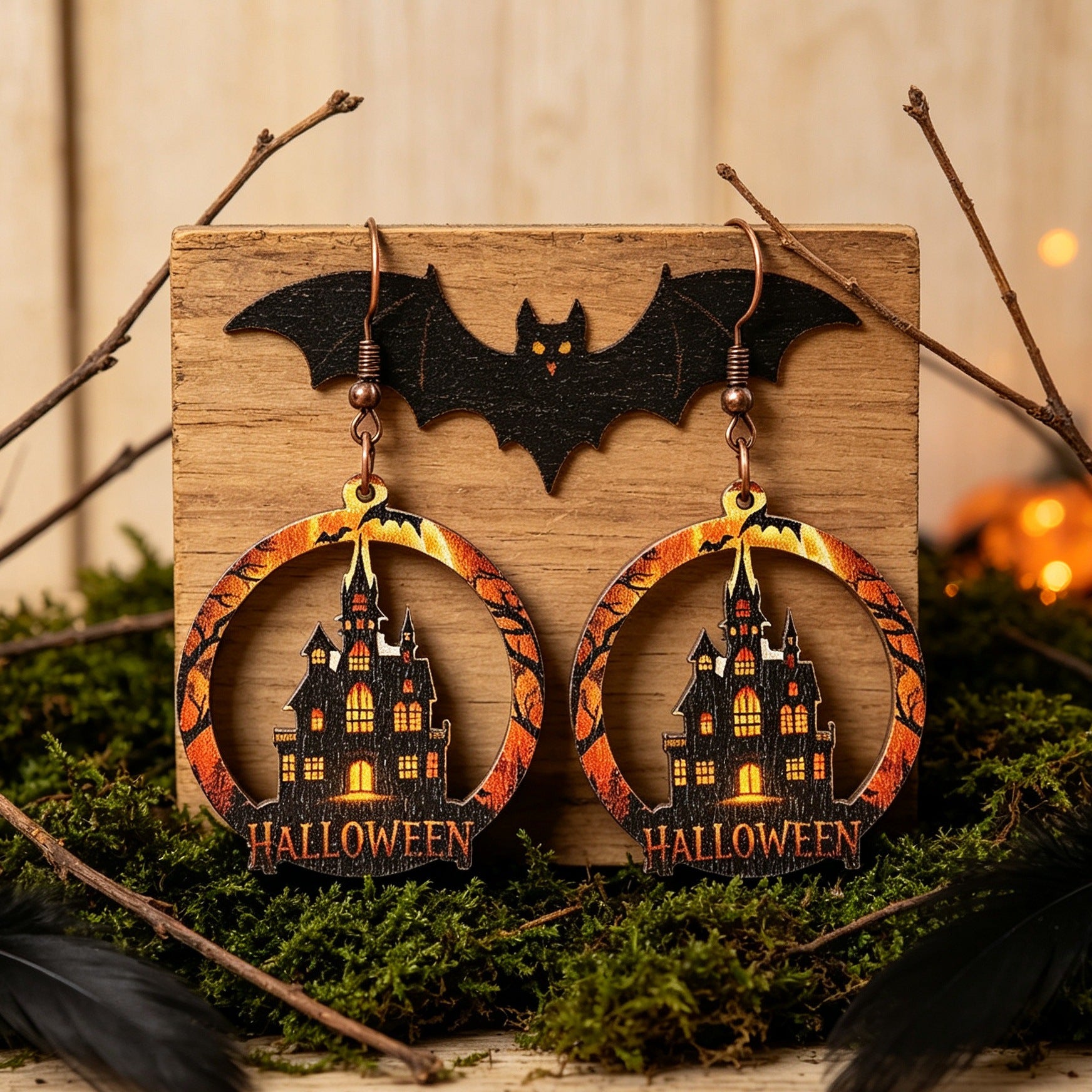 Wholesale Wooden Bat Moon Castle Earrings  Hollow Round Gothic Jewelry Gift