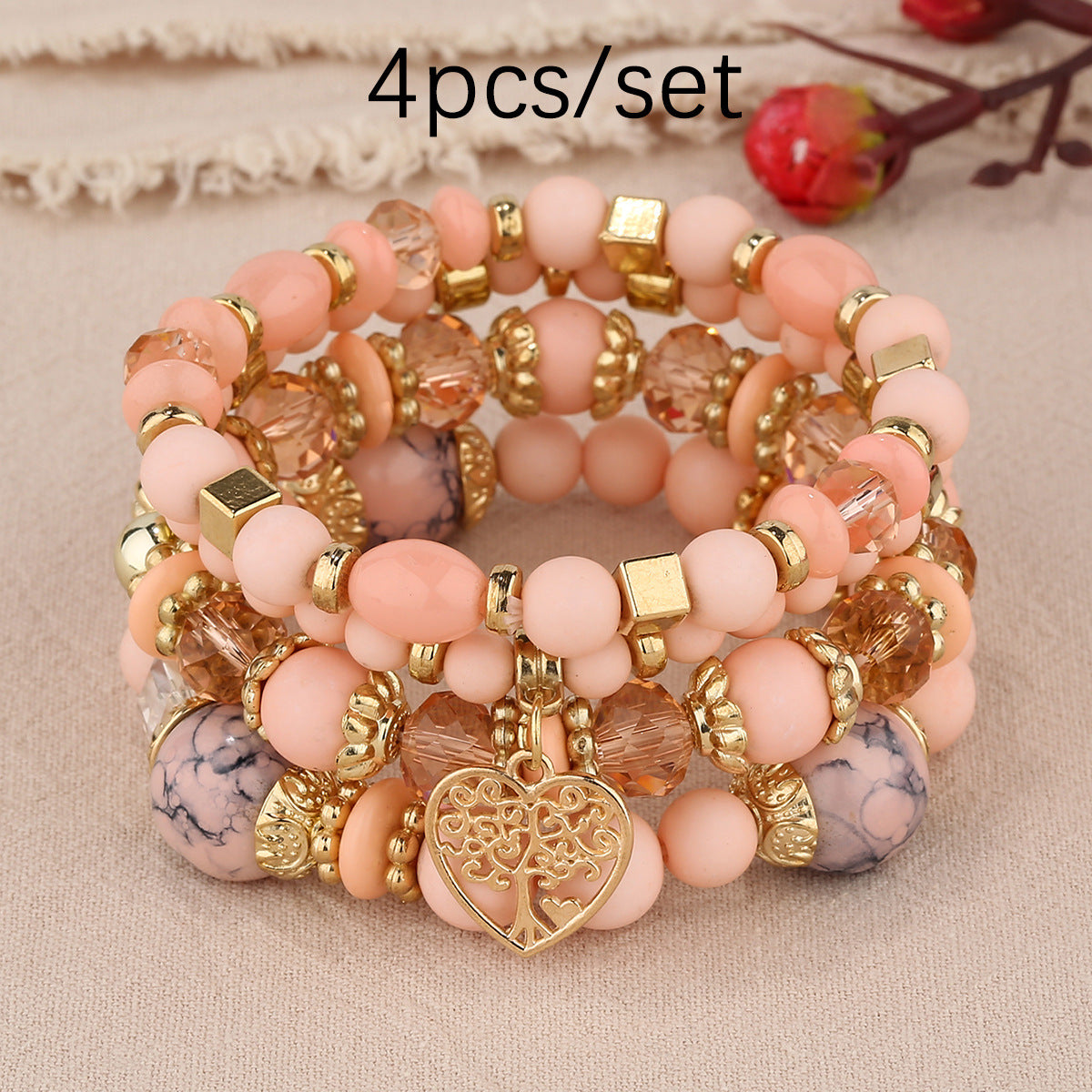 Wholesale Coffee Glass Bead Bohemian Bracelet Set Heart Pendant Tassel Jewelry