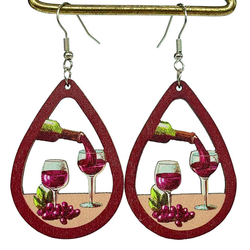 Wholesale Retro Wooden Cat Earrings For Wine Lovers Party Jewelry Accessory