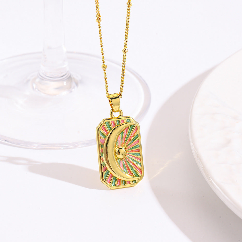 Wholesale square color dripping copper love conch shell eye moon jellyfish tarot pendant necklace