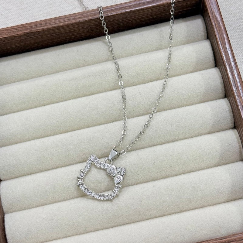 Wholesale Japanese Style Cat Hollow Pendant Necklace Alloy Zircon Collarbone Chain Women S Fashion Jewelry For Boutique Resale