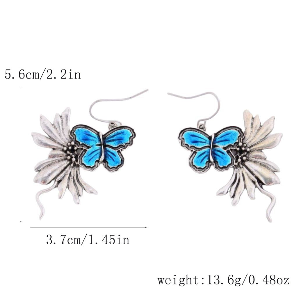 Wholesale  Fashion New Blue Ancient Silver Pendant Butterfly Earrings