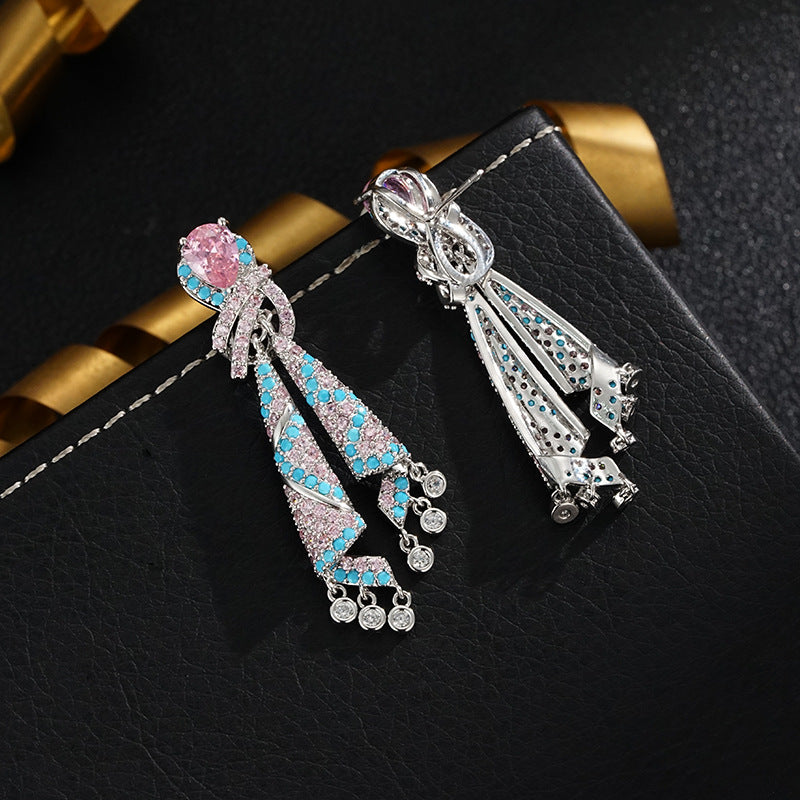 Wholesale  color ribbon earrings  light luxury  zircon tassel silver needle earrings