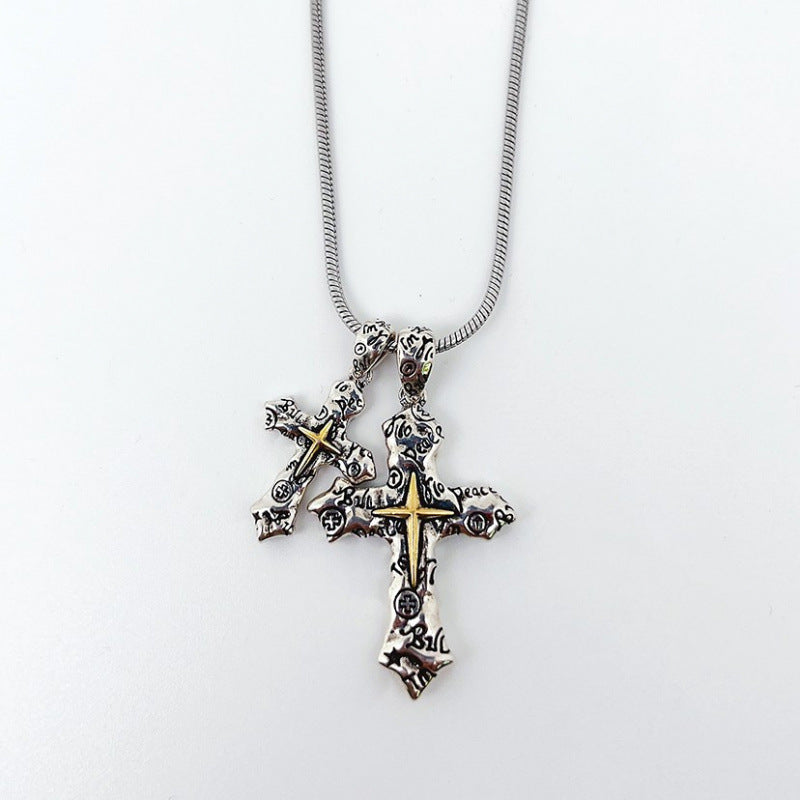 Wholesale Zinc Alloy Retro Graffiti Cross Pendant Necklace Unisex Hip Hop Trendy Fashion Accessory Gift
