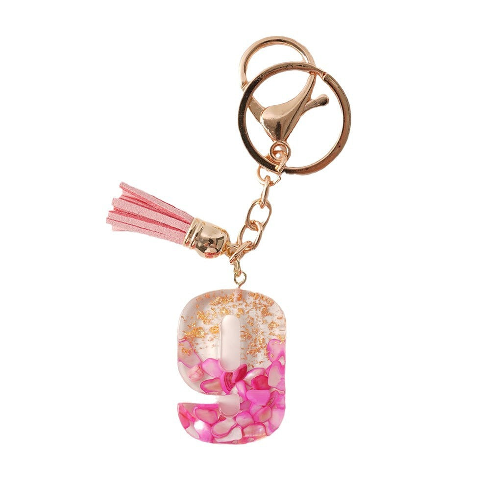 Wholesale  Resin Glue English Numbers Pink Tassel Rose Red Gold Foil Keychain