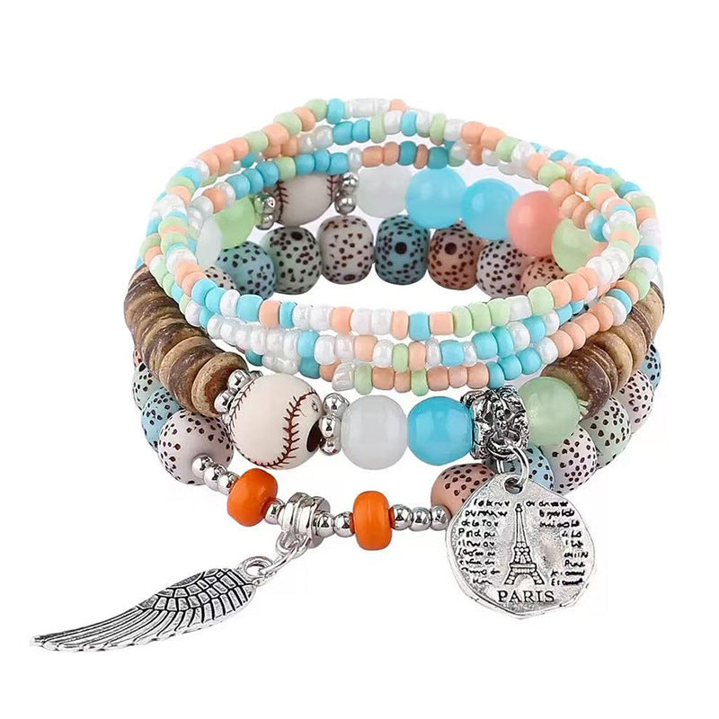 Wholesale Alloy Bohemian Multi-Layer Beaded Bracelet with Wing Design,  Fashion Accessory for Women,  Travel Gift