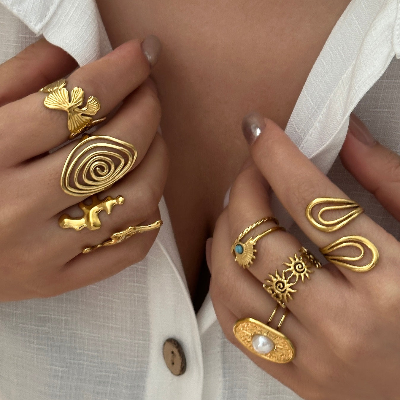 Wholesale Bohemian Sun Ginkgo Leaf Stacking Ring Set Stainless Steel Gold Plated Fashion Jewelry Accessory Gift