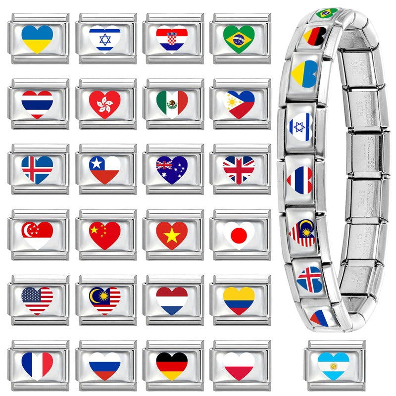 Wholesale Electroplated Stainless Steel Heart Italian Flag Charm DIY Bracelet Jewelry Accessory Boutique Resale