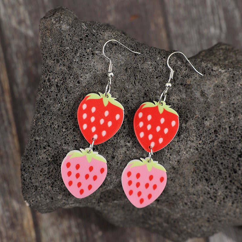 Wholesale two strawberry splicing acrylic fashionable simple ladies earrings