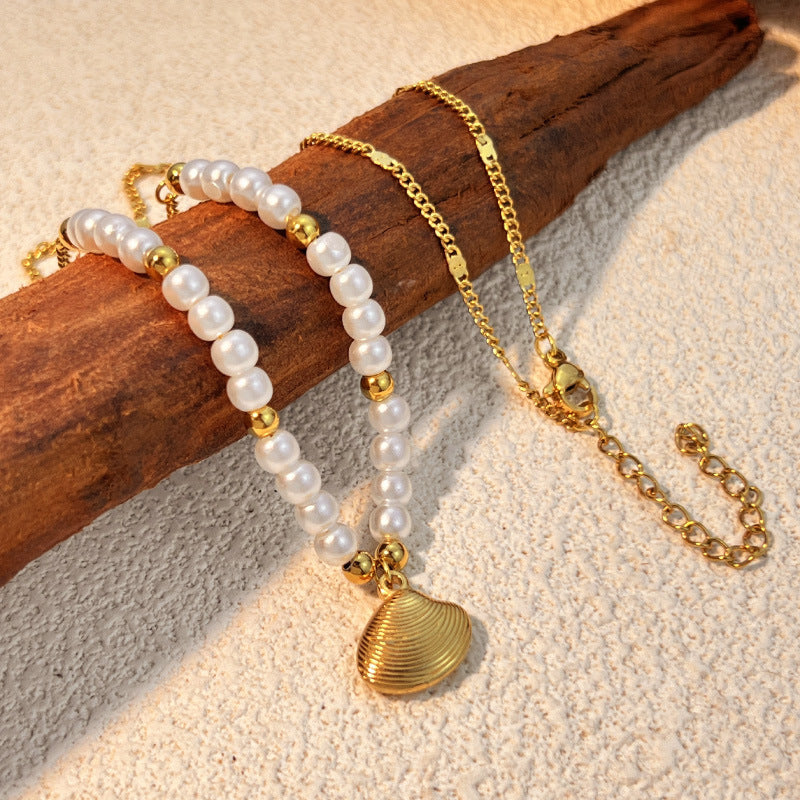 Wholesale stainless steel pearl shell necklace niche high sense beaded clavicle chain titanium steel jewelry