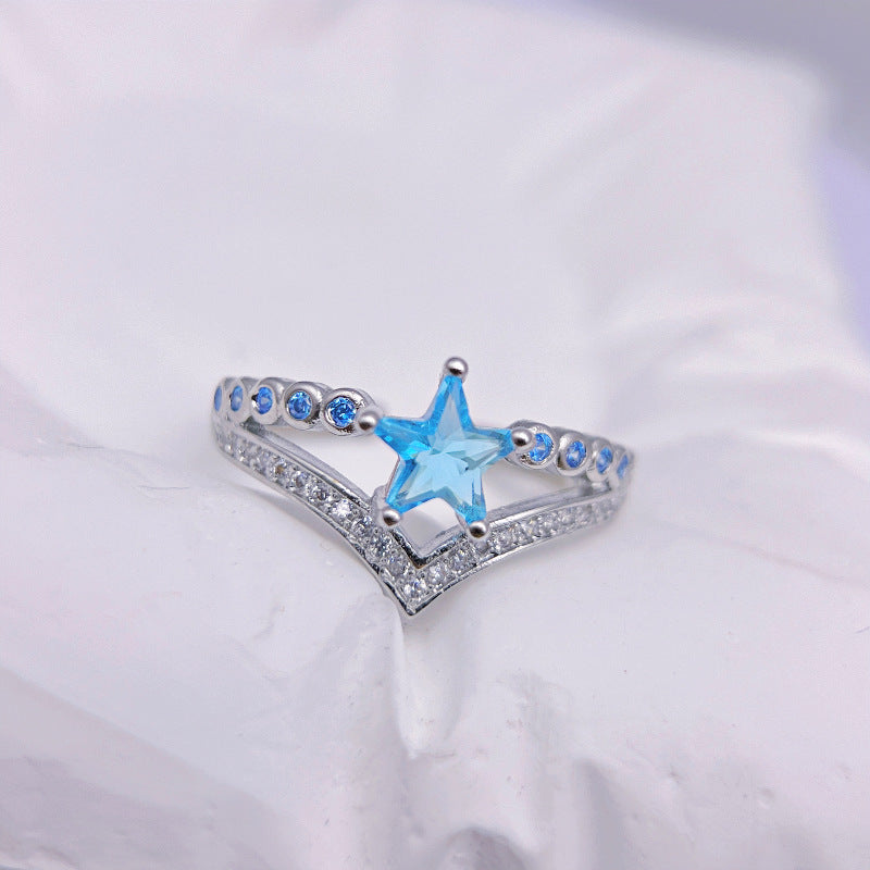 Wholesale Light Luxury Ring Sea Blue Five-pointed Star Micro-inlaid Geometric Open Rings ACC-RS-YXY015