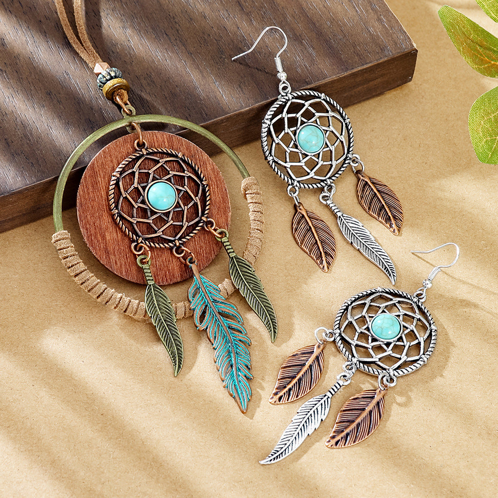 Wholesale Dream Catcher  Web Earrings and Necklace Set,  Alloy with Feather Tassel,  Ethnic Style Jewelry for Gift,  Party,  or Resale