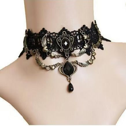 Wholesale Black Lace Pearl Necklace Heart Crystal Retro Trendy Women' s Jewelry