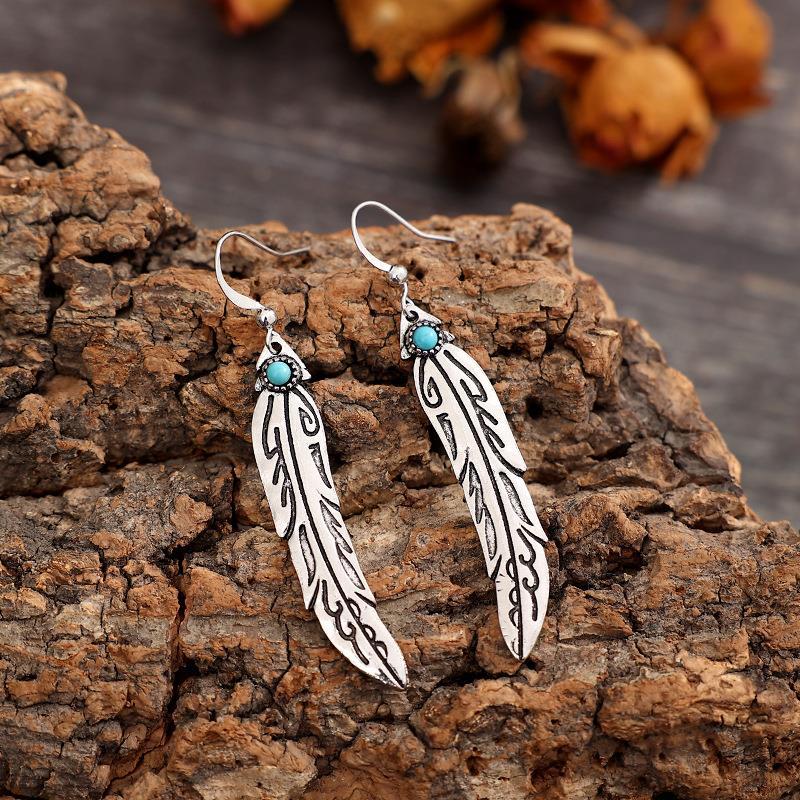 Wholesale  retro ethnic style feather turquoise earrings