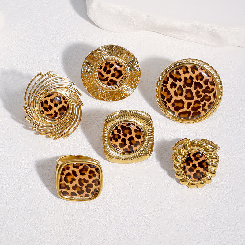 Wholesale Stylish Stainless Steel Open Ring For Women Leopard Print Wide Band Adjustable Jewelry Accessory