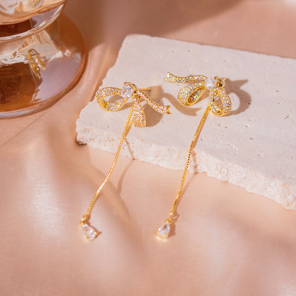 Wholesale Zirconia Bow Tassel Earrings