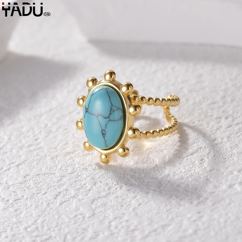 Wholesale 14K Gold Titanium Steel Ring Vintage Inlaid Turquoise Oil Drip Ring ACC-RS-yanc001