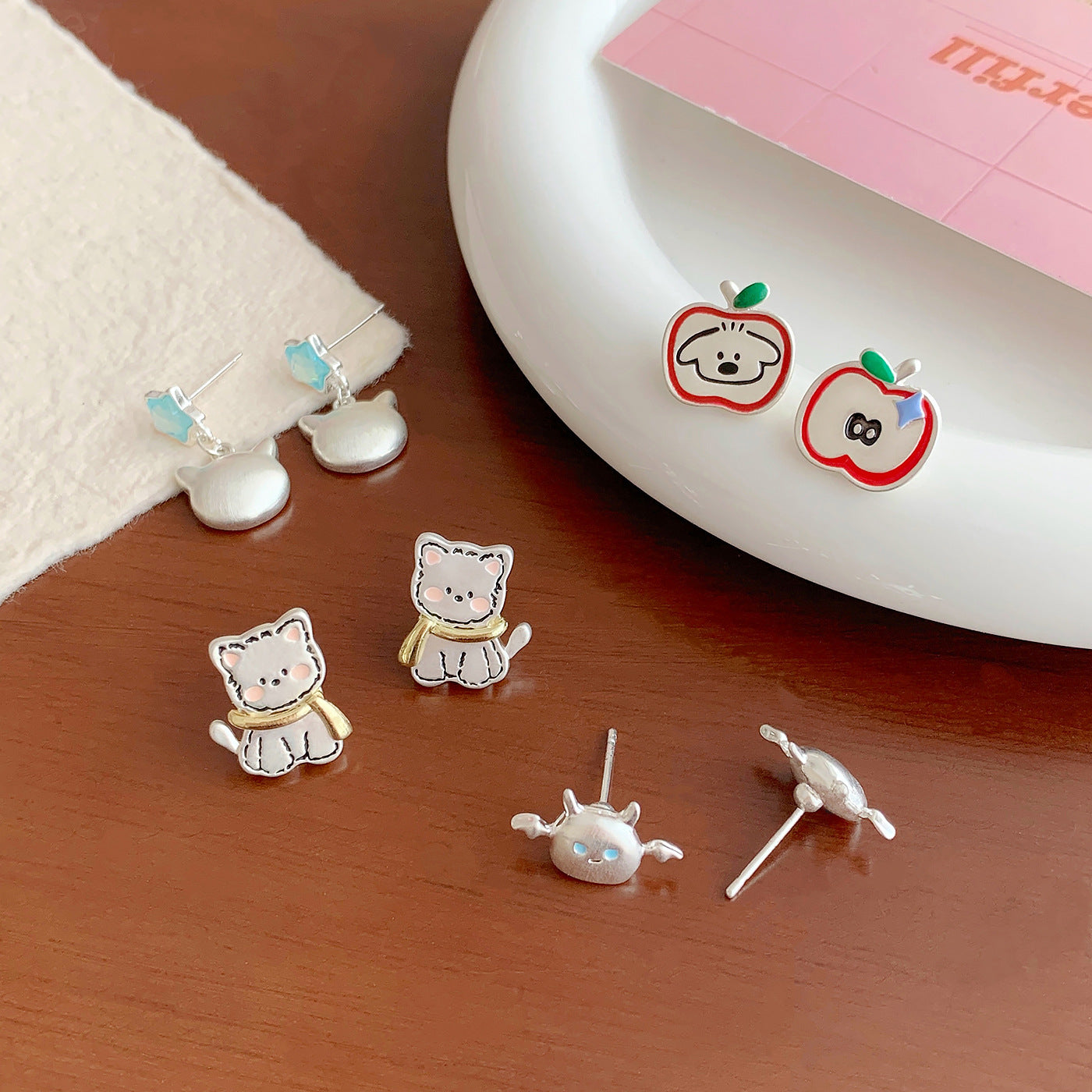 Wholesale Dripping Oil Apple Puppy Brushed Cat Earrings Silver Needle  Design Earrings