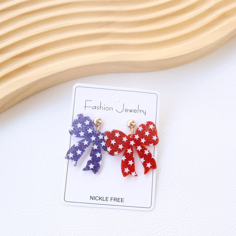 Wholesale American Independence Day Red White Blue Bow Star Printed Earrings