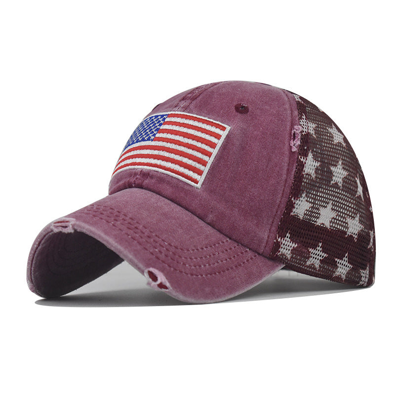 Wholesale Pure cotton washed hole five-pointed star American flag baseball cap