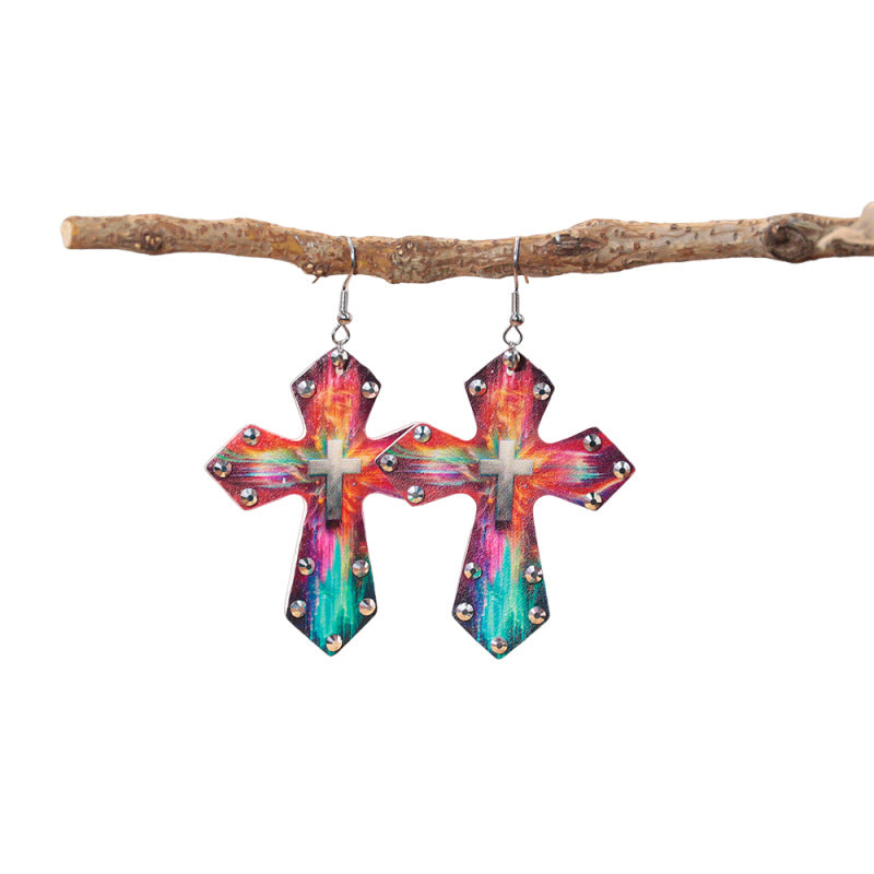 Wholesale Western style colorful rhinestone cross earrings