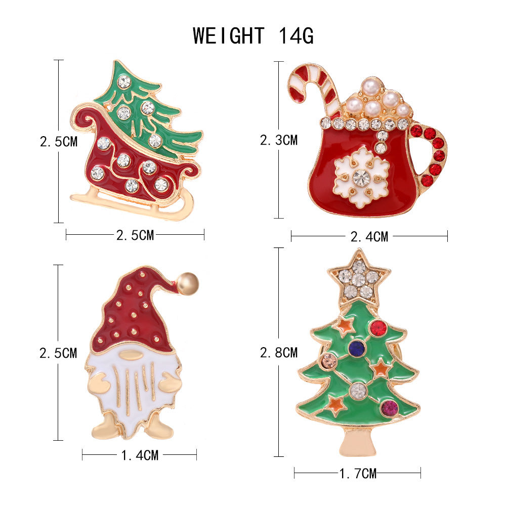 Wholesale  drop oil brooch personality Christmas tree Christmas pearl diamond alloy brooch 4 piece set